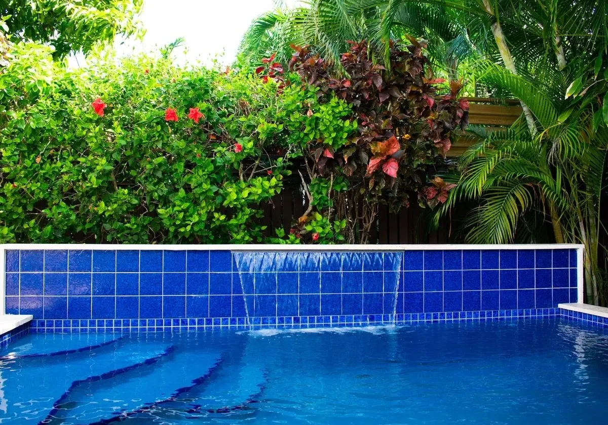 Blue pool with cascading water and plants.